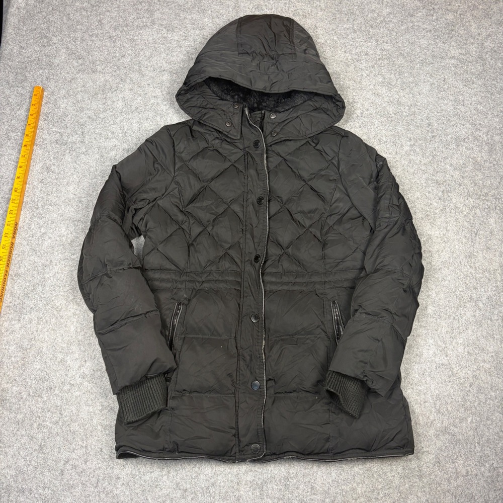 BCBGeneration Black Quilted Puffer Jacket Faux Fur Hooded Parka Coat Womens L